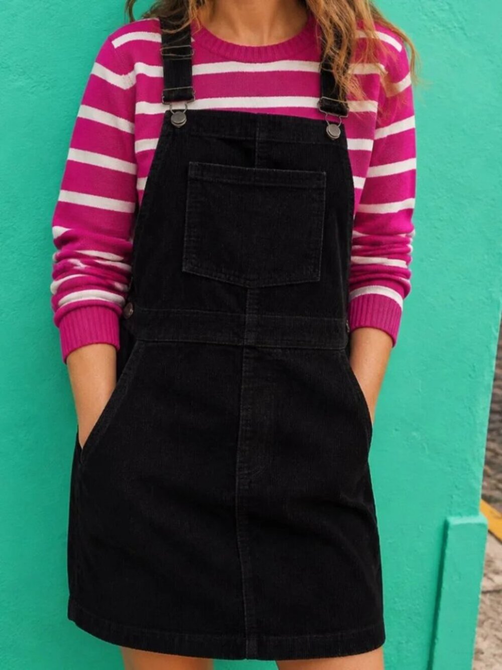 NWT 2-Piece SET: Corduroy apron dress black + Soft two-tone stripe sweater